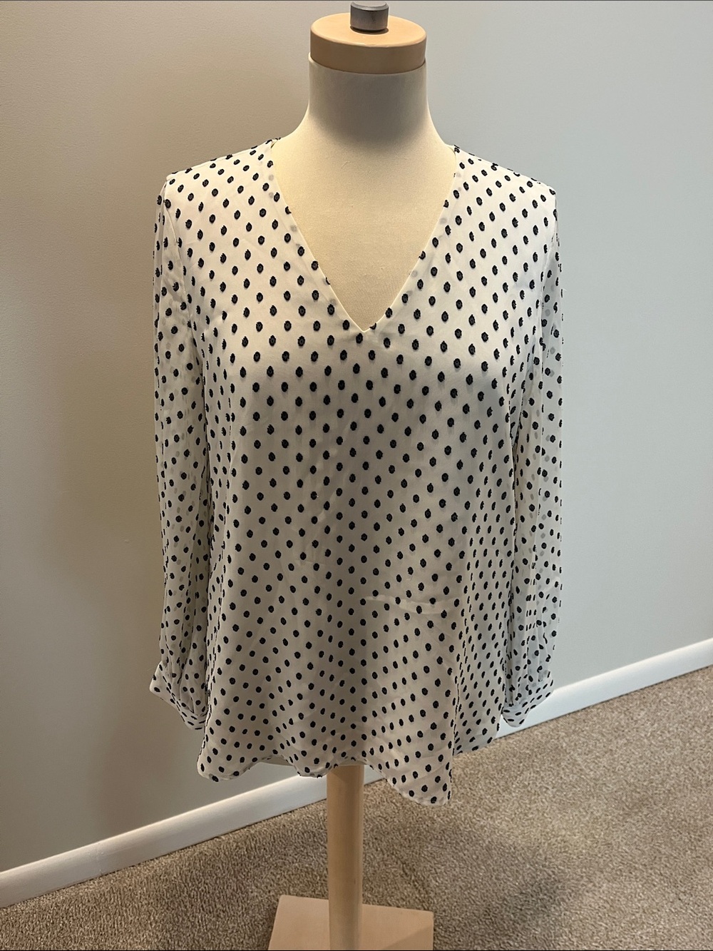 Banana Republic White V-Neck Blouse with Black Polka Dots